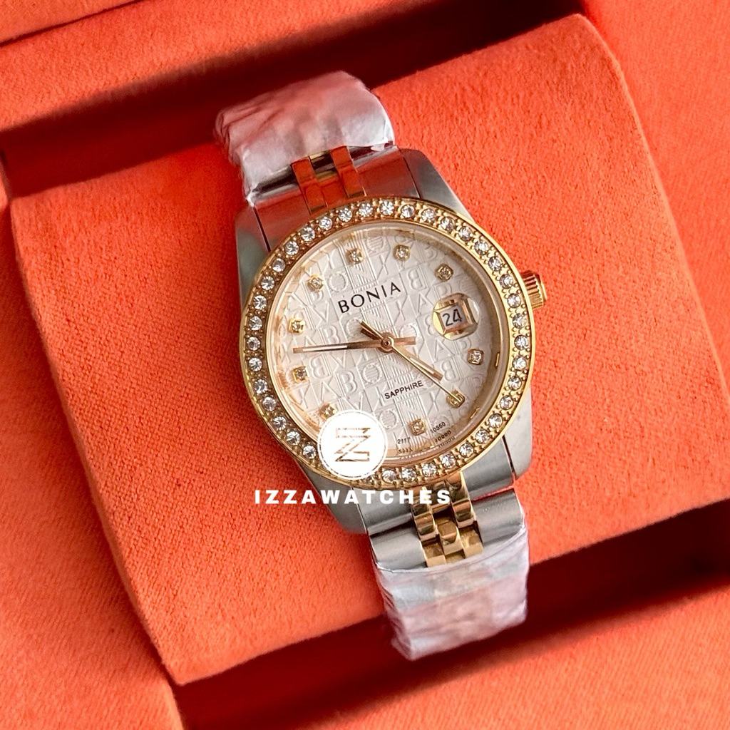 Jam Tangan Wanita Bonia Monogram Dial Kombinasi Silver Gold Strap