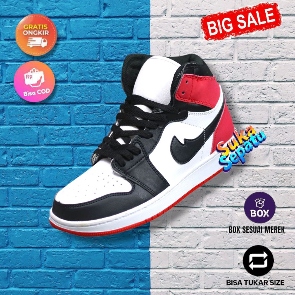 Sepatu Sneakers Kasual Kets Santai Sports Pria Wanita JRDN High Black White Red Hitam Putih Merah Un