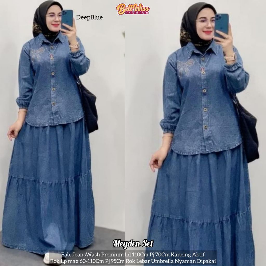MEYDEN SET BY BELLWISS• setelan rok jeans•set kemeja + rok jeans wanita