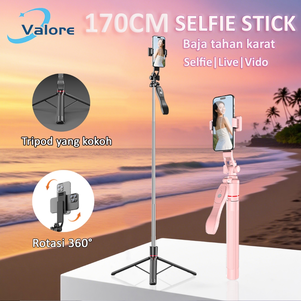 Valoe Tech Selfie Stick 170CM Tripod Remote Bluetooth Tongsis Putar 360 Derajat Portabel Fill Light 