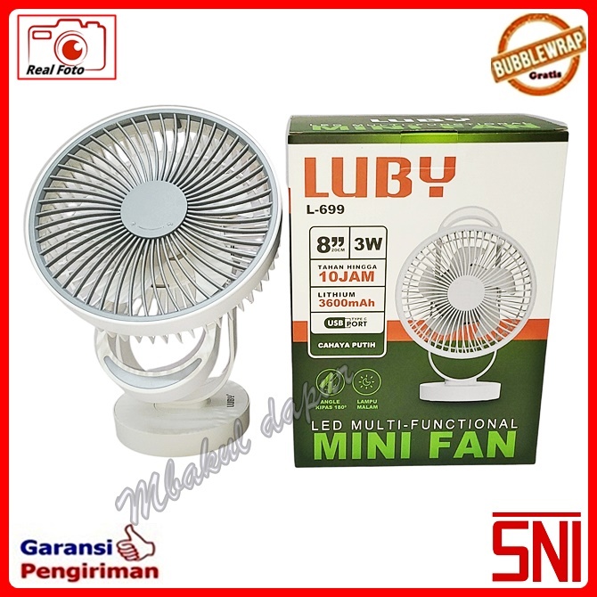 Kipas Angin Meja Cas LUBY L-699 8Inch 3 Kecepatan Mini Fan LED Multi-Functional AC/DC