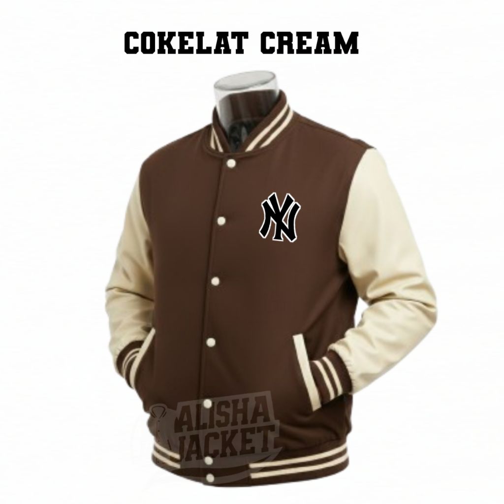 BISA COD JAKET VARSITY KANCING LOGO NY KEREN UNISEX JACKET BASEBALL FLEECE SABLON DTF HITAM PRIA WAN