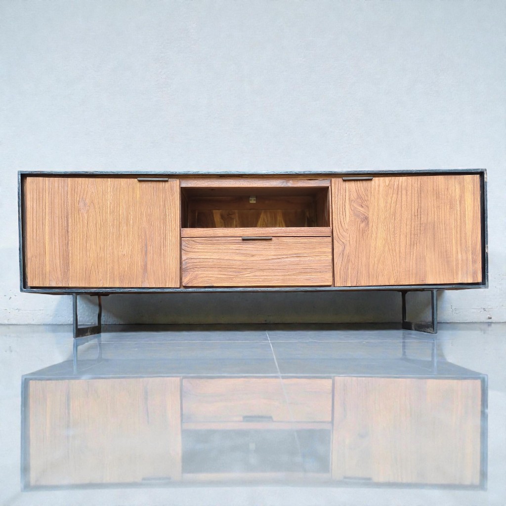 Adiku Meja TV Industrial Kayu Jati TPK Buffet TV Minimalis Sisa Ekspor Eropa Rak TV Kayu Solid Besi