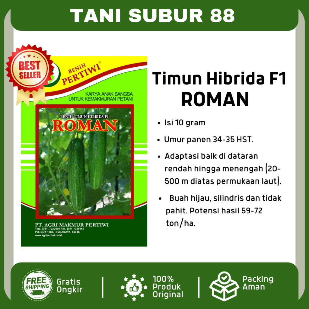 Benih bibit timun hibrida ROMAN F1 10 gram produksi pertiwi timun roman timun pertiwi tidak pahit ha