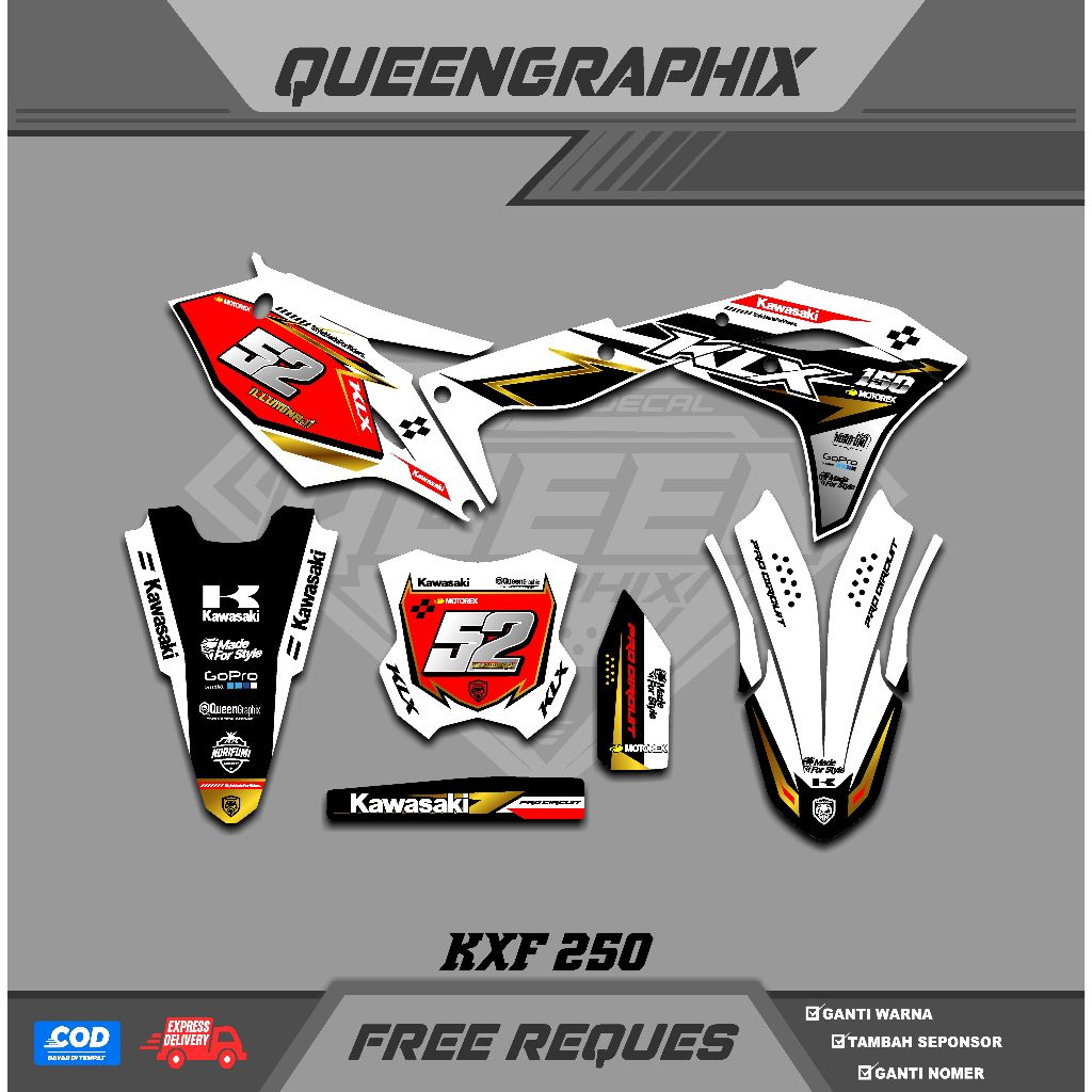 DECAL KX F 250, GTX  KX F 250 BISA CUSTOM DESAIGN NAMA, NOMOR, SPONSOR, WARNA (20)