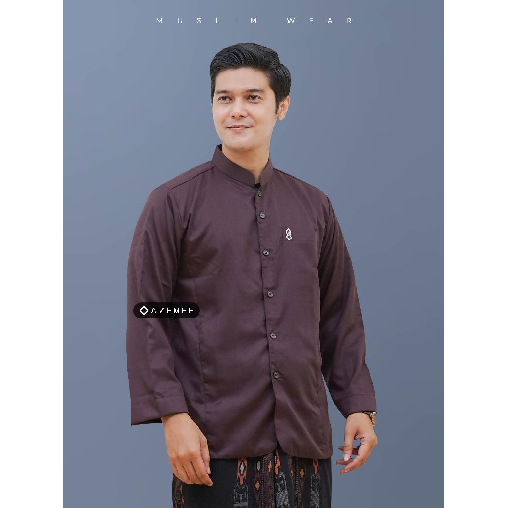 Baju KOKO Pria Lengan Panjang Haibah Toyobo Fodu Coklat Mahogany Premium AZEMEE