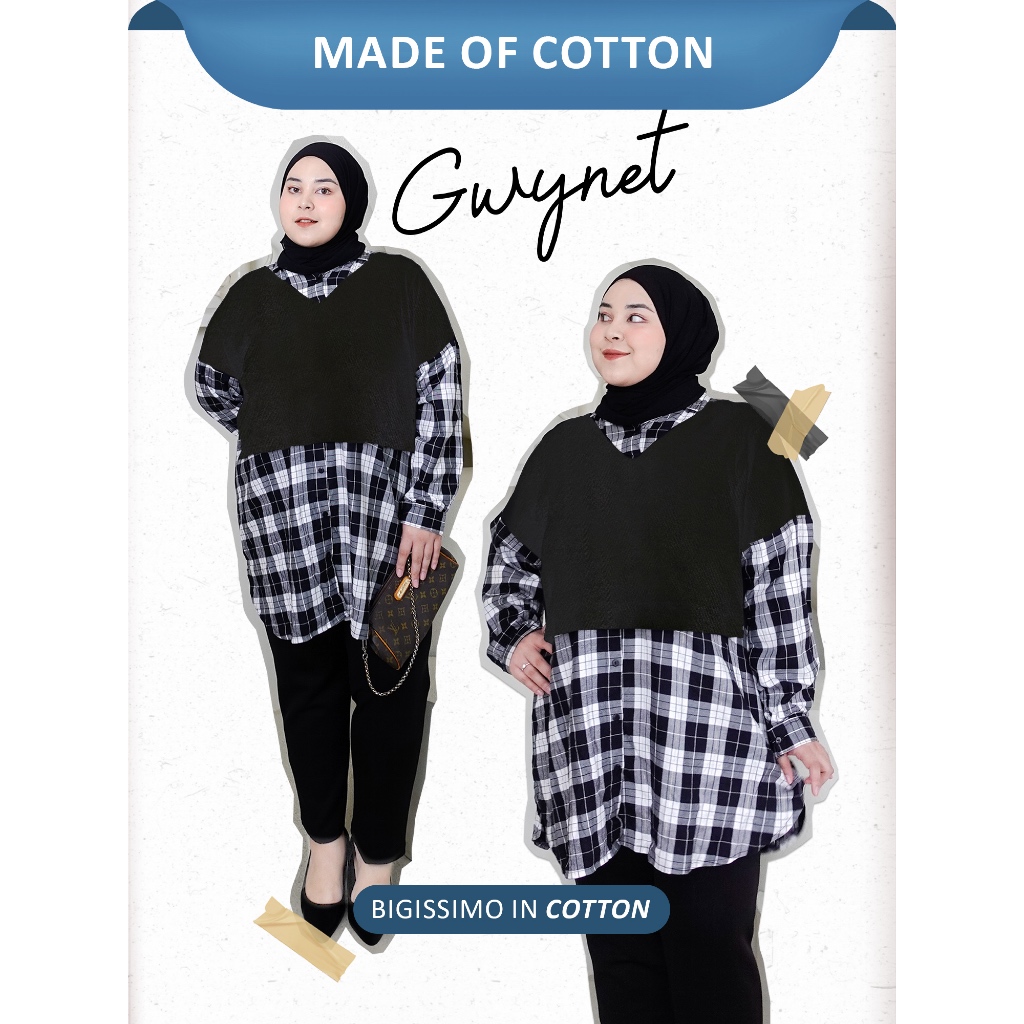 Bigissimo  In Cotton - Gwynet Tunik Dress | Atasan Wanita Flanel Midi Tunik Dress Big Size Jumbo