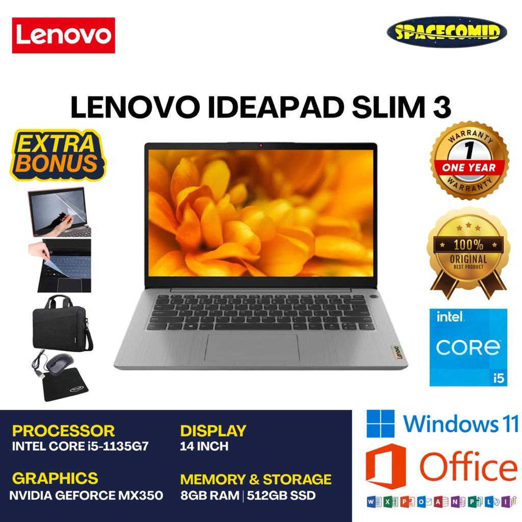 LENOVO IDEAPAD SLIM 3 [CORE i5-1135G7 NVIDIA MX350] 8GB RAM 512GB SSD 14 INCH