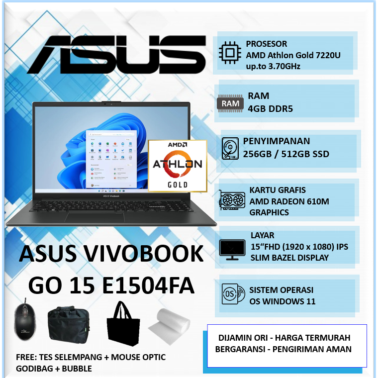 Laptop Asus Vivobook Go Amd Athlon Gold 722U Ram 4GB 1TB SSD 15"FHD IPS Windows 11