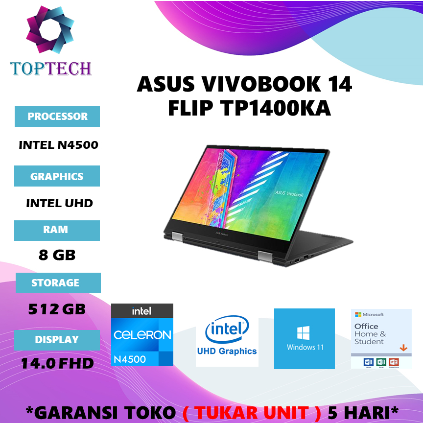 LAPTOP ASUS VIVOBOOK 14 FLIP TP1400KA TOUCH N4500 RAM 8GB SSD 512GB W11+OHS 14.0FHD VIPS 2IN1 BLUE