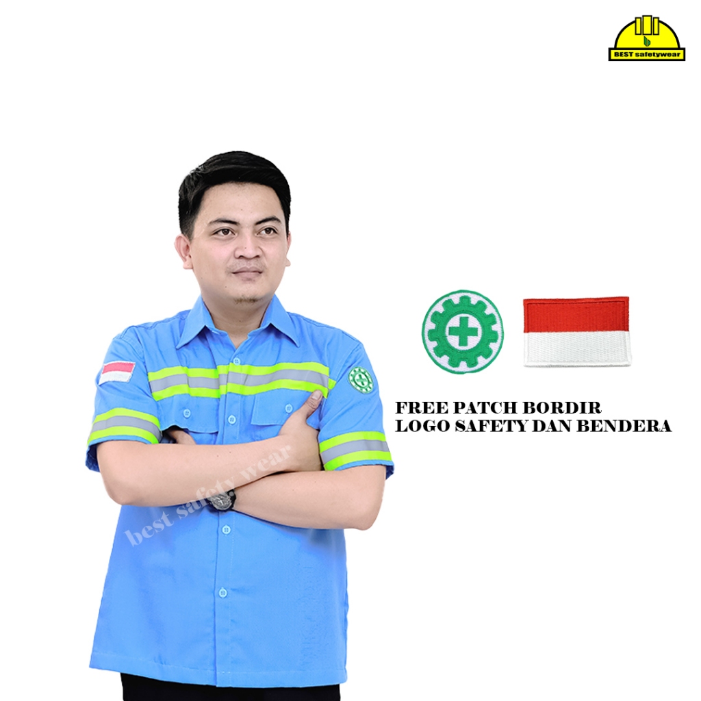 Kemeja safety navy lengan pendek baju safety lengan pendek seragam safety lengan pendek bahan premiu