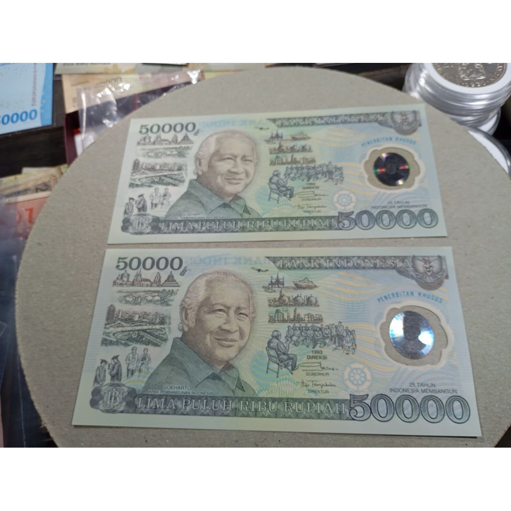 Uang kuno Indonesia Asli 50k Polimer Bergambar Bpk Suharto., kondisi masih layak koleksi, tidak sobe