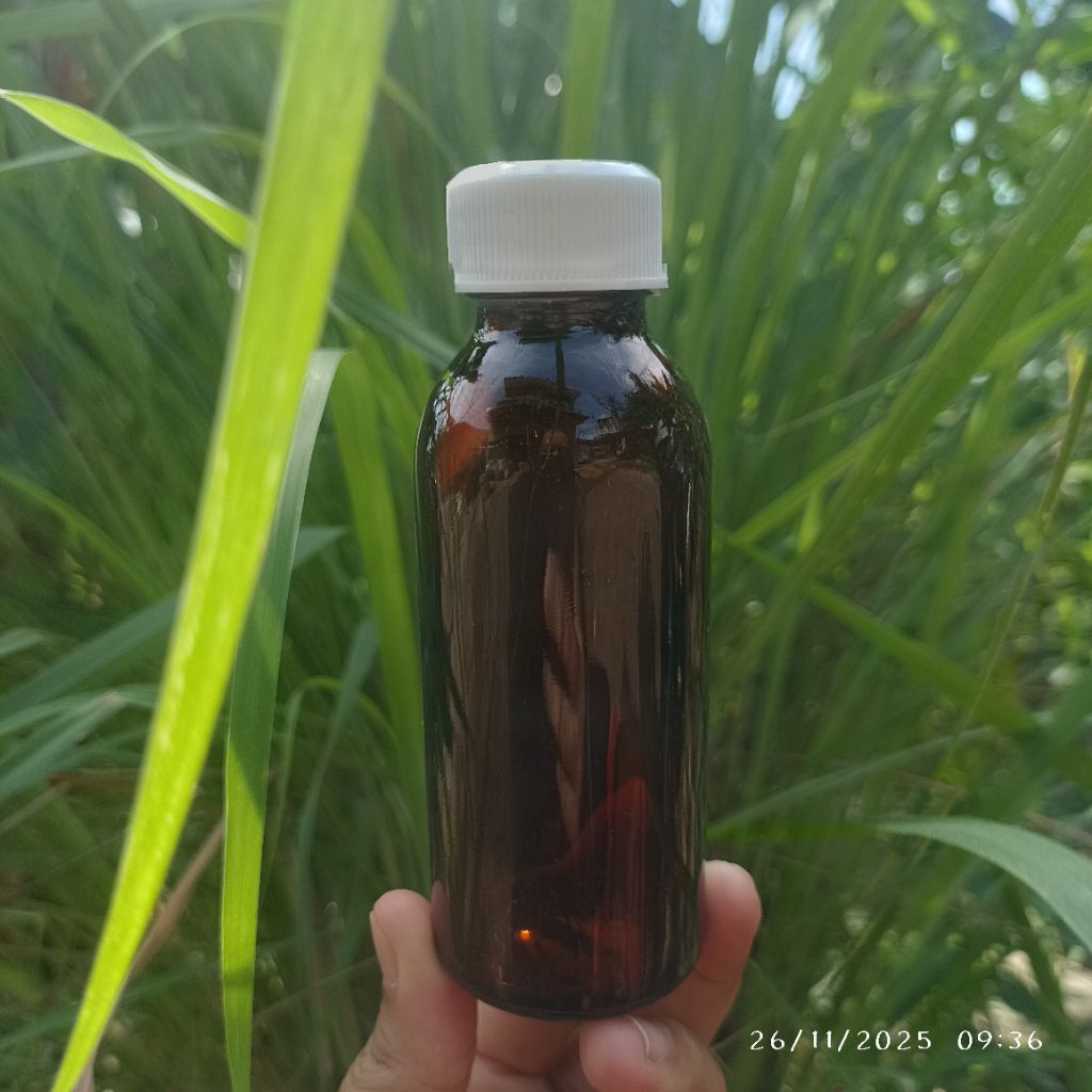 botol kaca coklat 100ml tutup drat plastik/tutup kaca coklat 100ml tutup plastik luar dalam