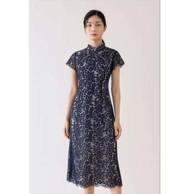 LUMÍ ATELIER - Lune 8 Dress In Navy Silver | Dress Brokat Wanita | Dress Pesta Wanita | Dress Cheong