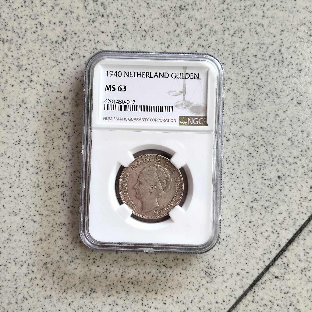 NGC MS 63 Koin Perak 1 Gulden Wilhelmina Netherland 1940 Silver Coin