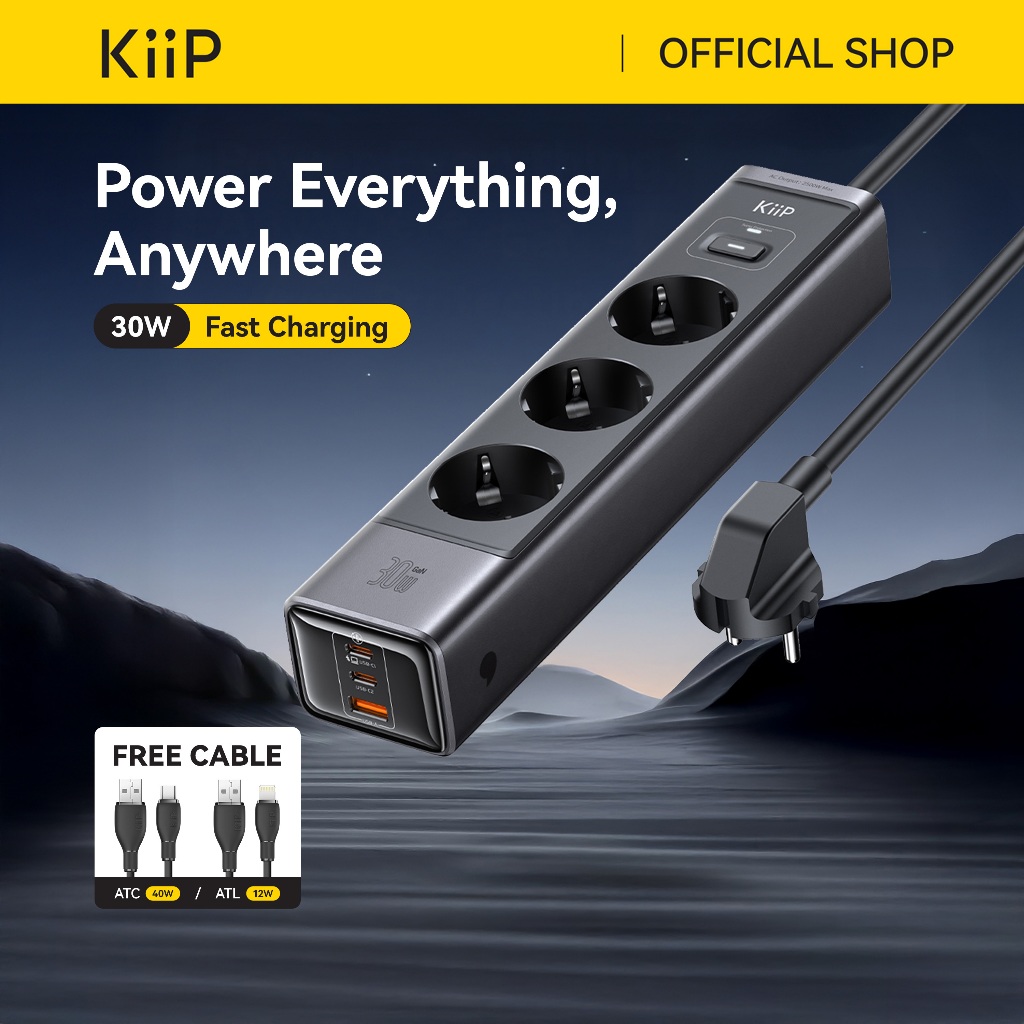 KiiP C29T Smart Power Strip GaN 30W 6in1 Charger Stop Kontak Surge Protection Multiple Socket PPS PD