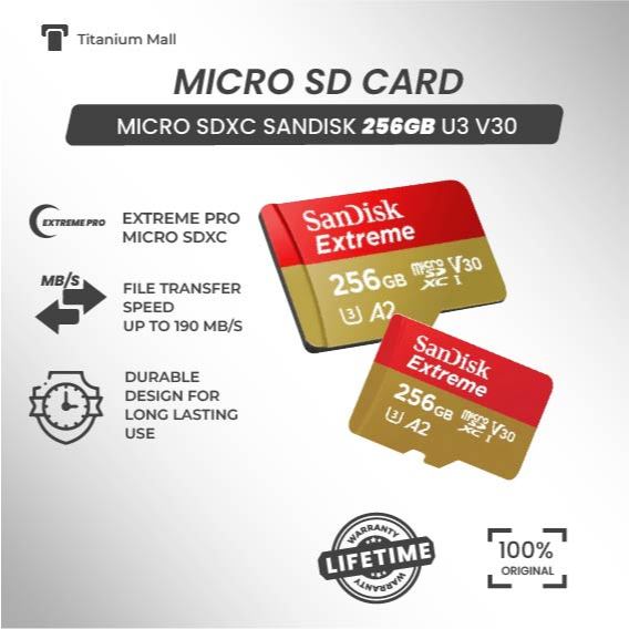 Memori Sandisk Extreme Micro SDXC 256GB U3 V30 190MB/s, Stabil, Untuk Kamera DSLR, Aksi, Smartphone