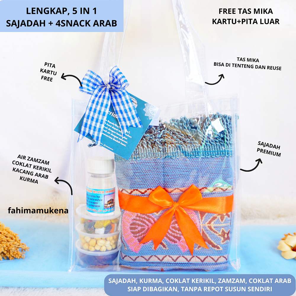 PAKET SOUVENIR OLEH OLEH HAJI UMROH PREMIUM - Sajadah Benang Emas Kurma Kerikil Kacang  Tas Mika