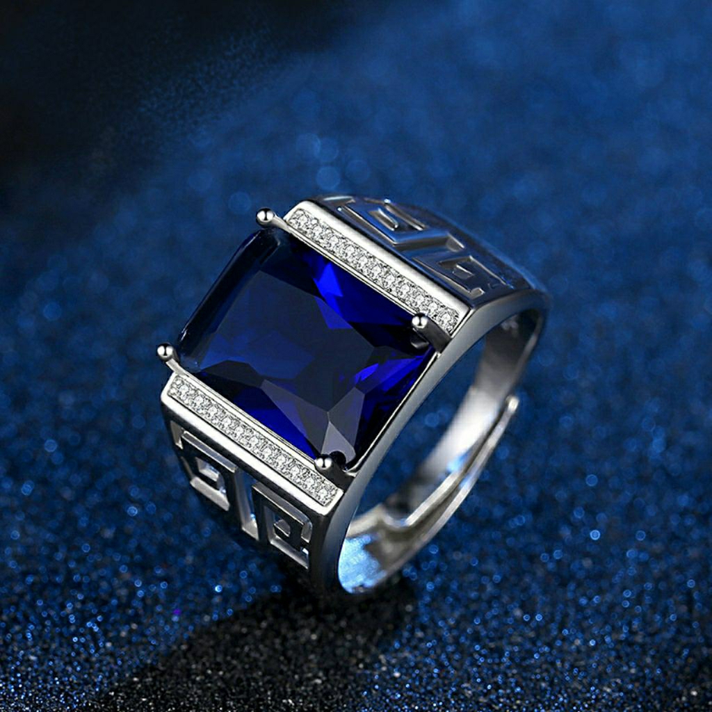 Cincin Pria Berlian Biru Cincin Blue Safir Saphire Cincin Blue Diamond Cincin Silver Perak Pria Cinc
