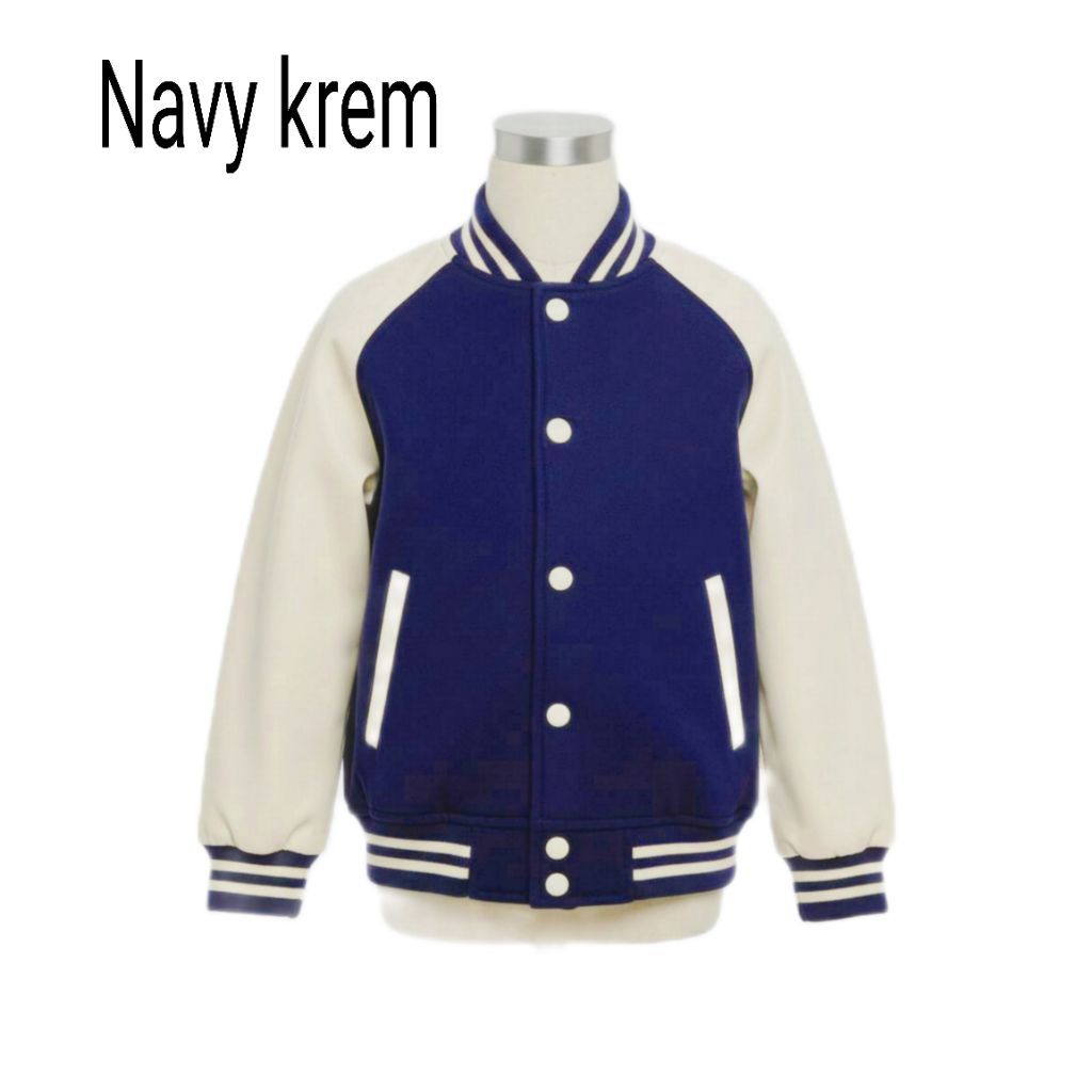 varsity anak-anak varsity polos seragam navy lengan krem mode varsity kancing terbarul