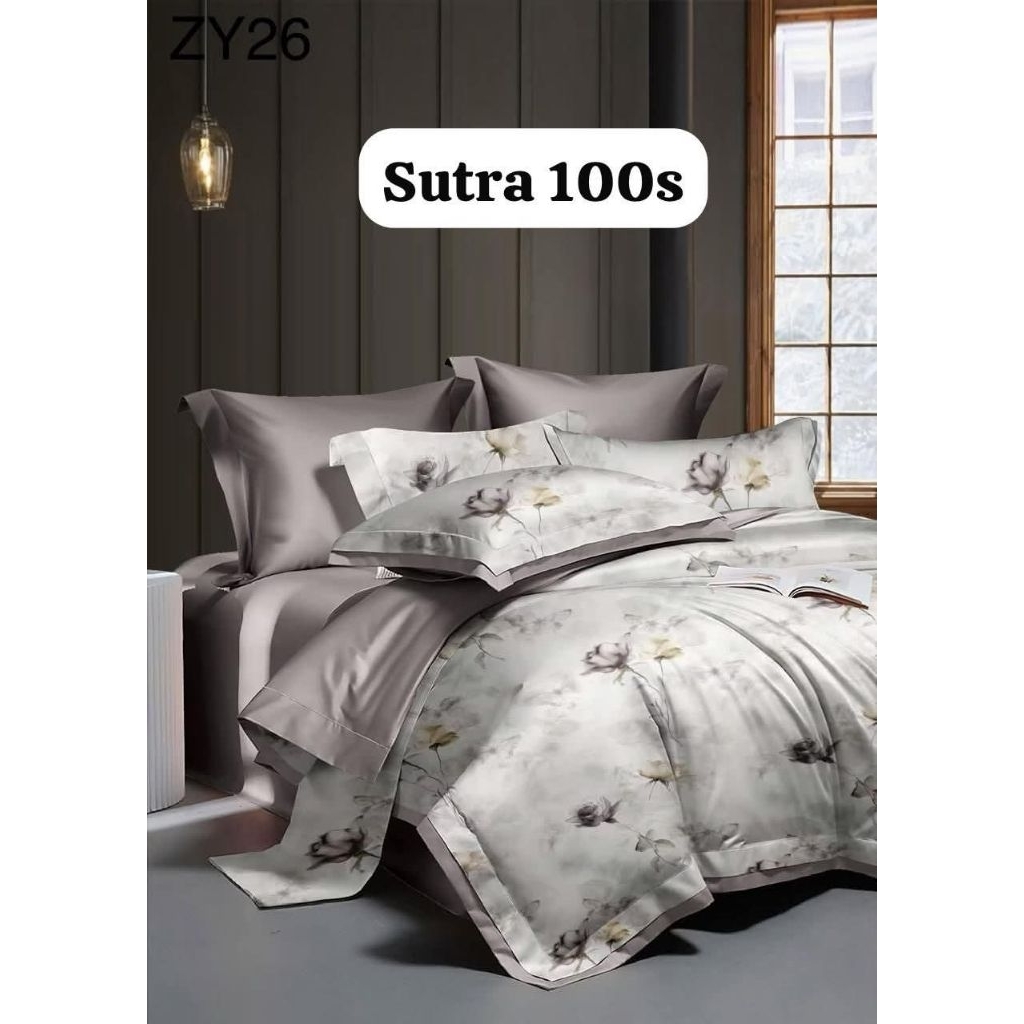 100s Sutra Organik Serat Bambu, Set Sprei Anti Geser dan Bedcover/Quiltcover dengan motif grey Flowe