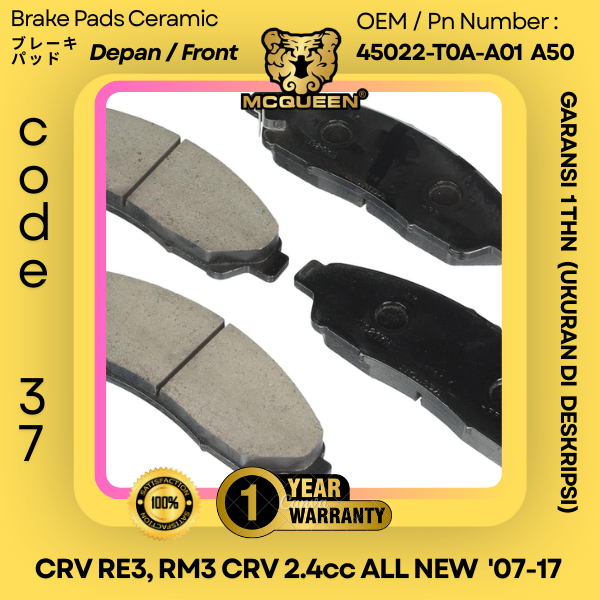 BRAKE PADS CERAMIC (FRONT) CRV RE3, RM3 CRV 2.4cc ALL NEW  '07-17 OEM 45022-SHJ / T0A-A50 45022-T0A-