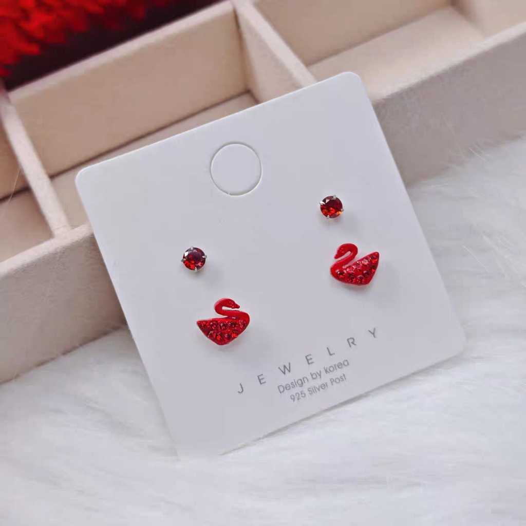 Anting tindik set2 Titanium anti karat korean Fashion wanita motif angsa permata cantik