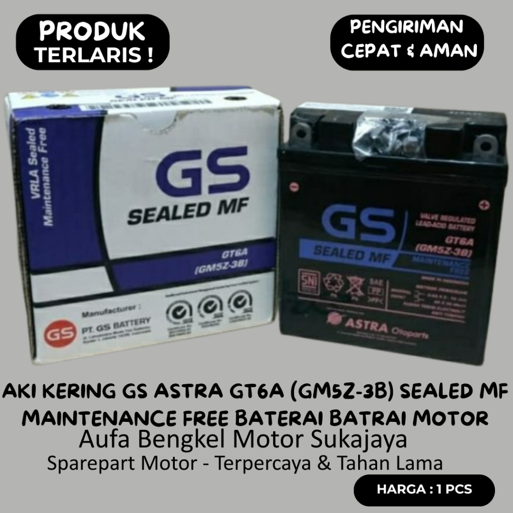 Aki Kering GS Astra GT6A GM5Z-3B Sealed MF Maintenance Free Baterai Batery Batrai Motor 12V 5Ah/10Hr