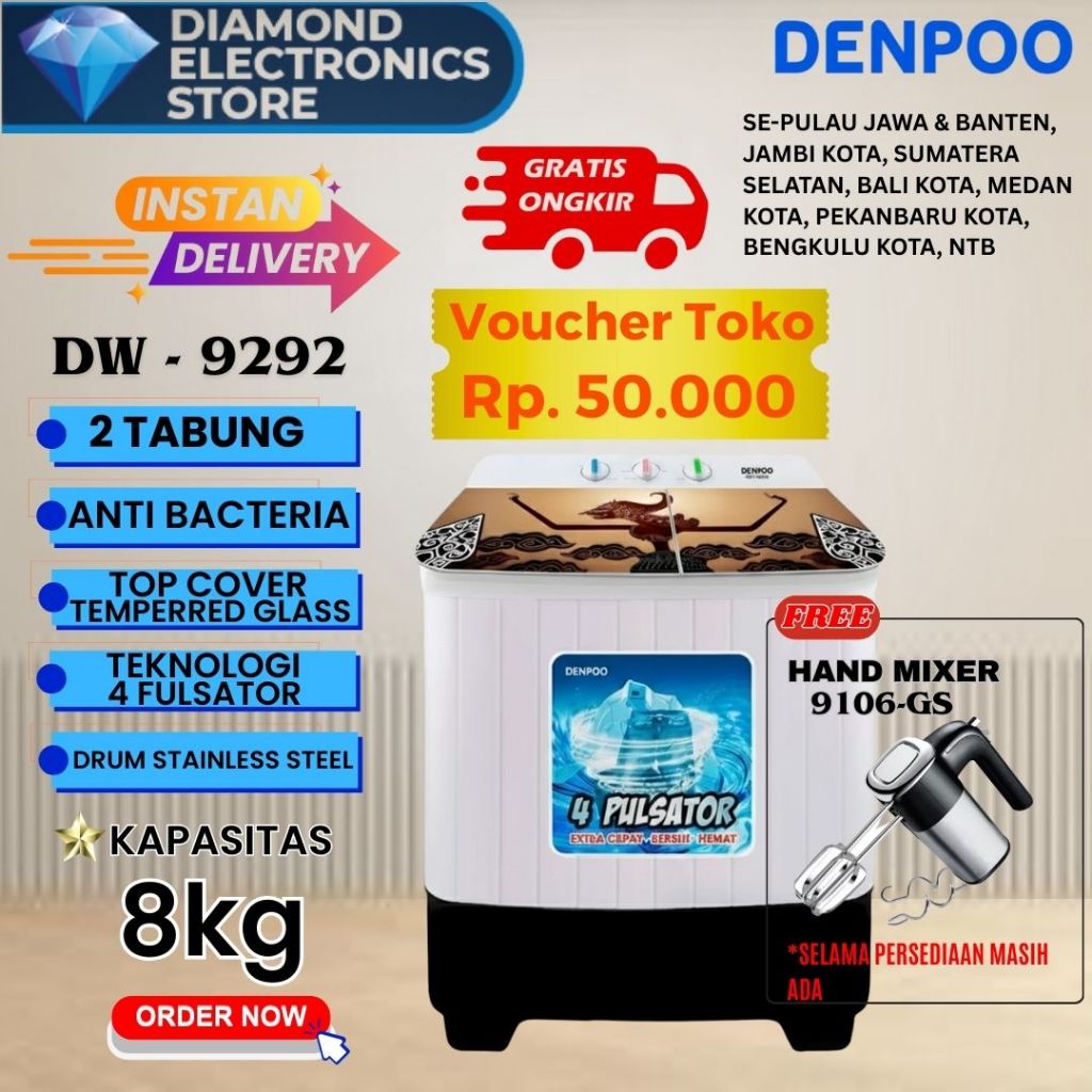 Denpoo Mesin Cuci 2 Tabung 8kg DW 9292