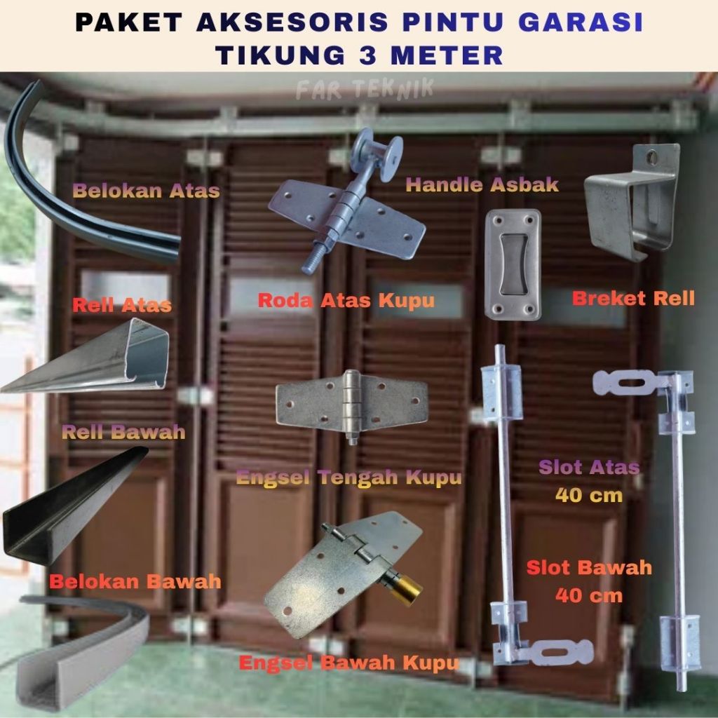 PAKET LENGKAP ASESORIS PINTU GARASI TIKUNG 4 5 6 Daun Rel Atas Bawah 3m, Belokan Henderson, Breket