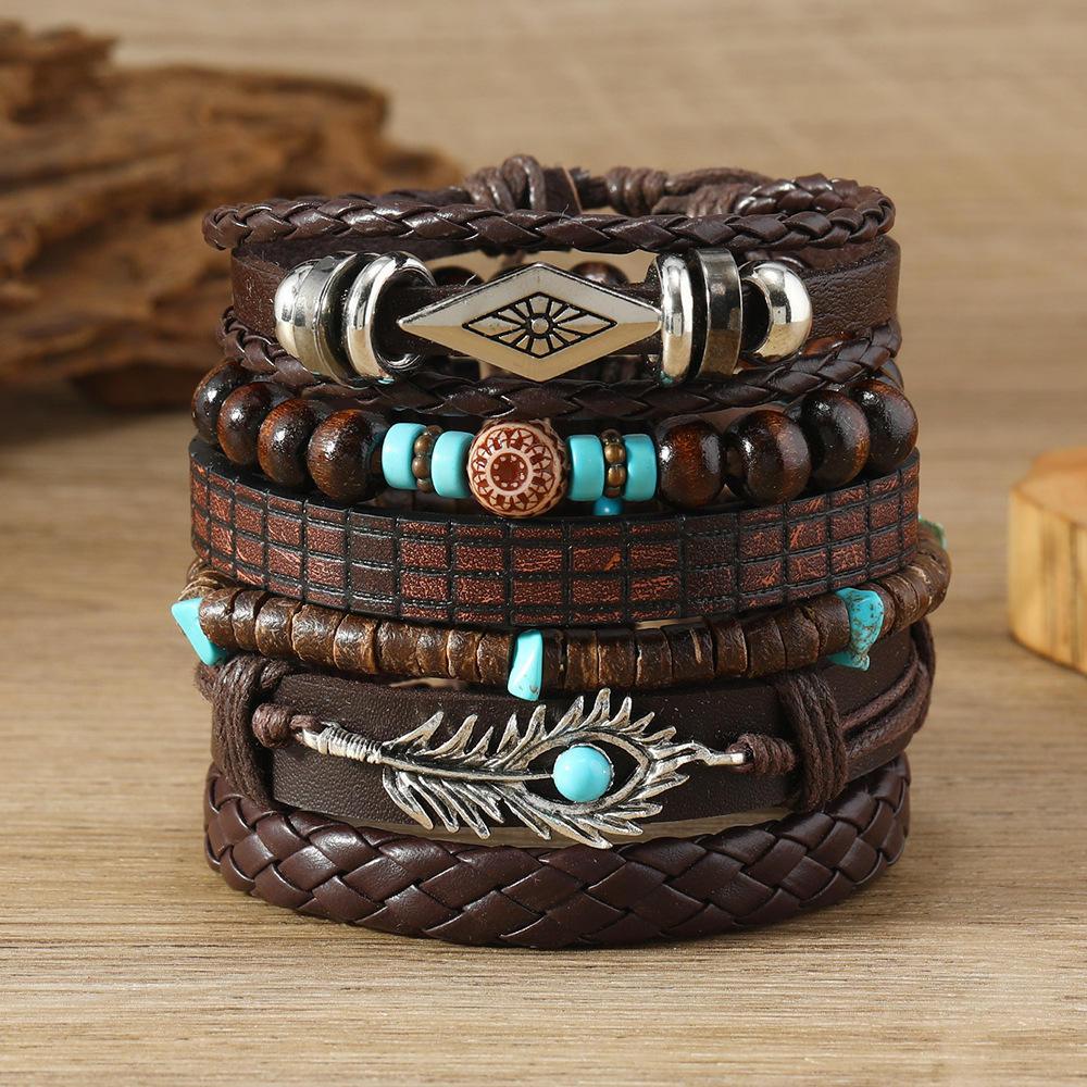 Gelang Etnik Set 6 in 1 Motif Daun Sayap Bunga Love / Gelang Bohemian Lilit Pria Isi 6 Hip Hop Punk 