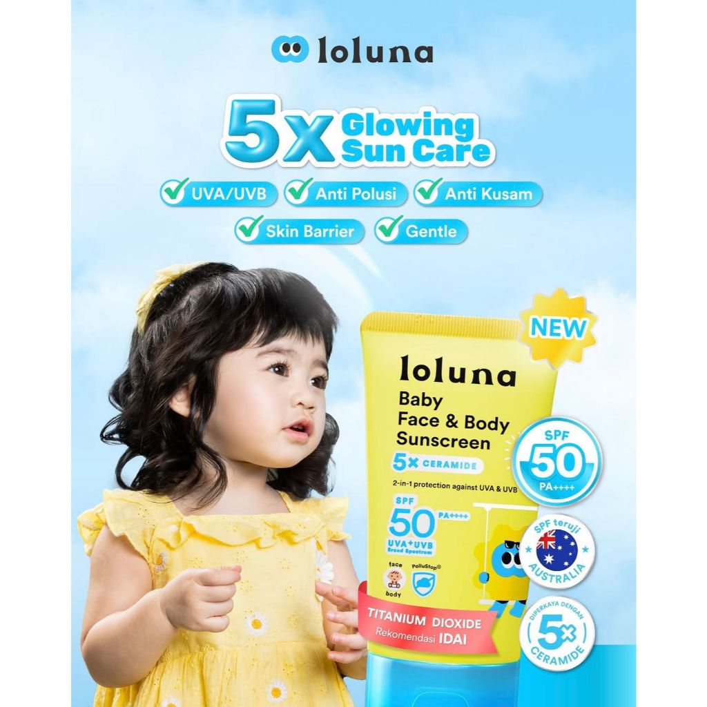 Loluna Baby Face & Body Sunscreen 30ml SPF 50+ PA++++ dengan 5x Ceramide & Niacinamide - Proteksi Le
