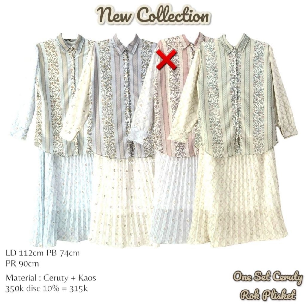 TOKOKU One Set Wanita Lengan Balon Rok Plisket Motif Bunga Setelan Bahan Sifon Ceruty Kaos