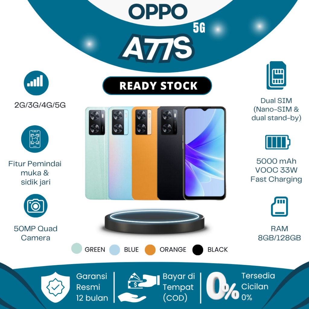 OPPO A77s Asli Terbaru 2025 RAM 8/128GB – Smartphone Murah Layar 6.56 90Hz Snapdragon 680 33W Fast C