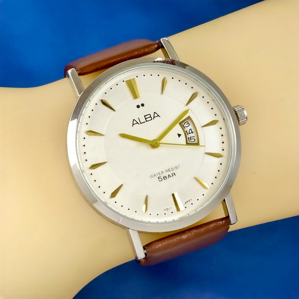 JAM TANGAN PRIA / COWOK ALBA TALI KULIT DIAMETER 4.2CM TANGAL AKTIF