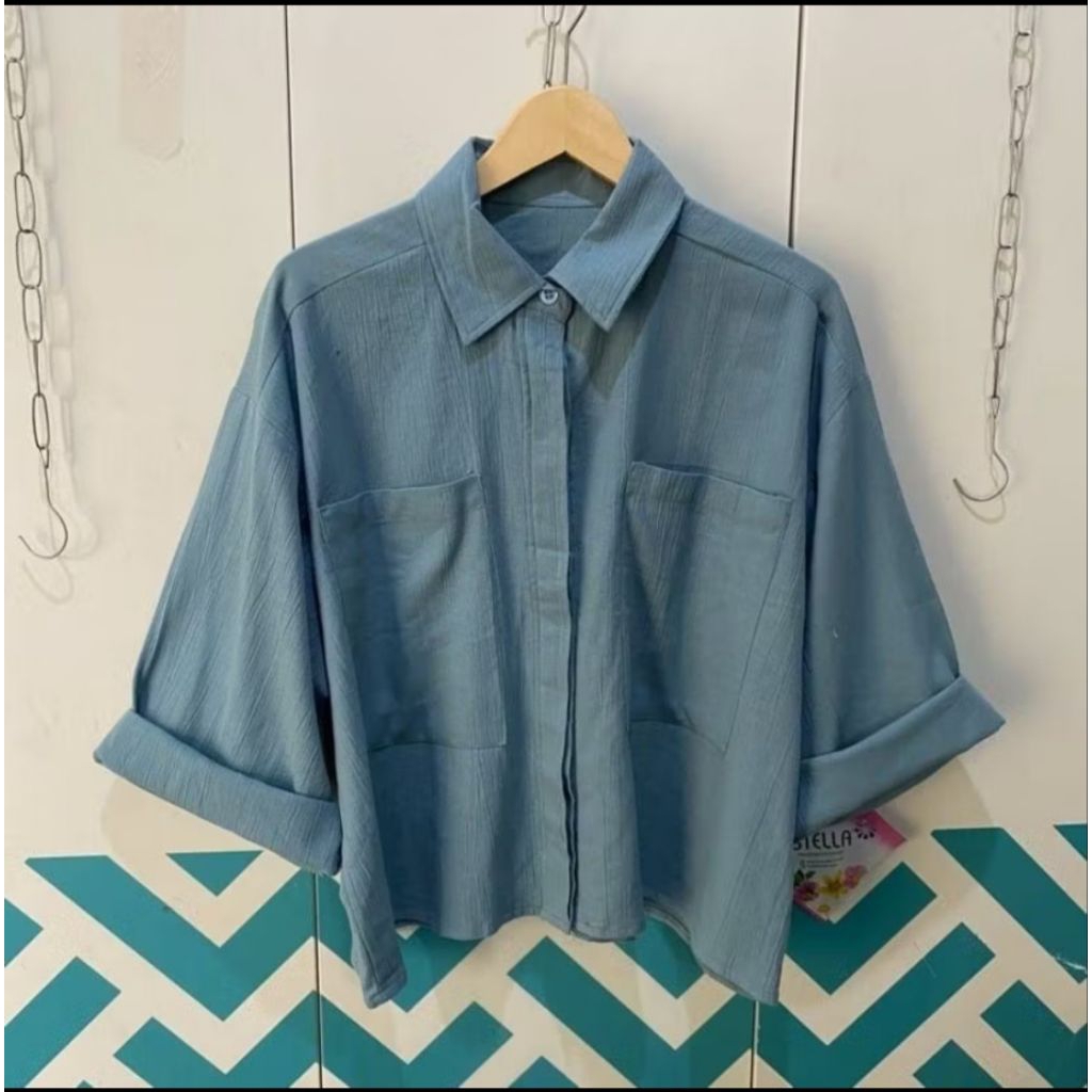 KEMEJA LINEN WANITA BIRU DENIM OVERSIZE  l KEMEJA KANTONG TERBARU