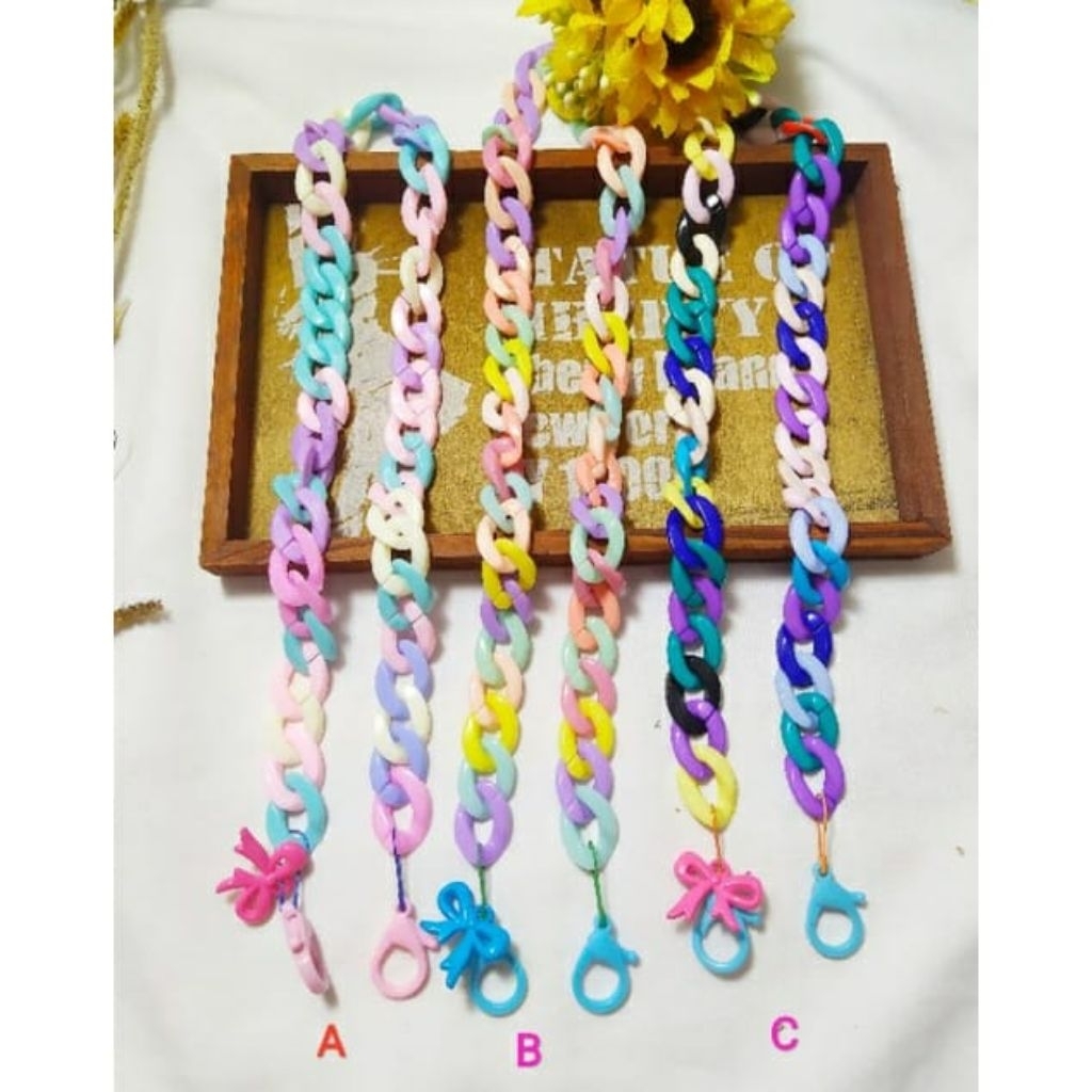 TALI MASKER/PENGAIT HIJAB/KALUNG RANTAI AKRILIK RAINBOW 16 WARNA WARNA RAINBOW LUCU DENGAN CANTOLAN 