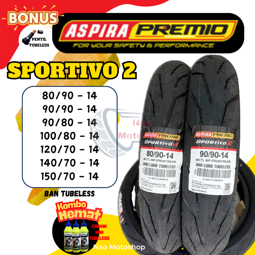 ASPIRA PREMIO SPORTIVO 2 BAN TUBELESS MATIC RING 14 90/90 80/90 90/80 100/80 TUBLES BEAT VARIO FINO