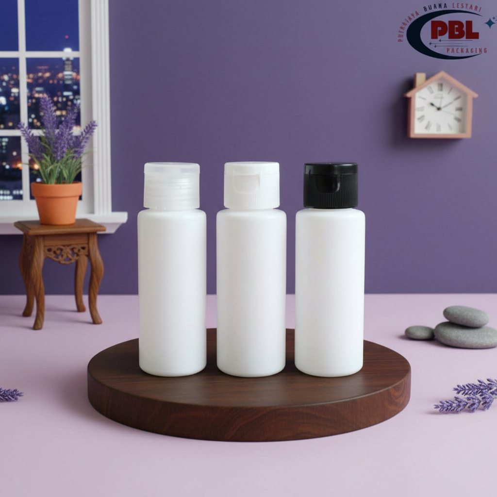 BOTOL FLIPTOP 60ml HDPE PUTIH / BOTOL PLASTIK 60ml / BOTOL TONER 60ml / TUTUP FLIPTOP BERGARIS NECK 