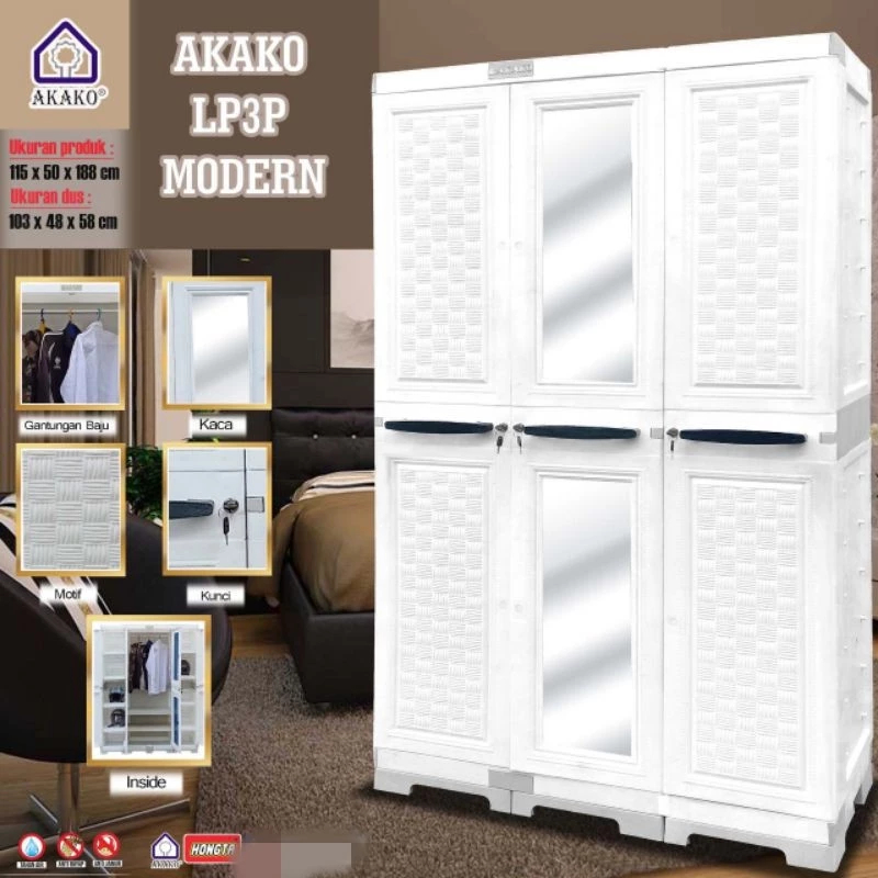 AKAKO - Lemari Pakaian Gantung + Rak Putih Super White MODERN Jumbo ( LP3P MODERN )