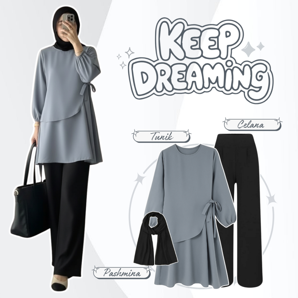 One Set Lebaran Remaja Perempuan Korean Style (Tunik Korean Style + Celana Kulot Wanita + Pashmina C
