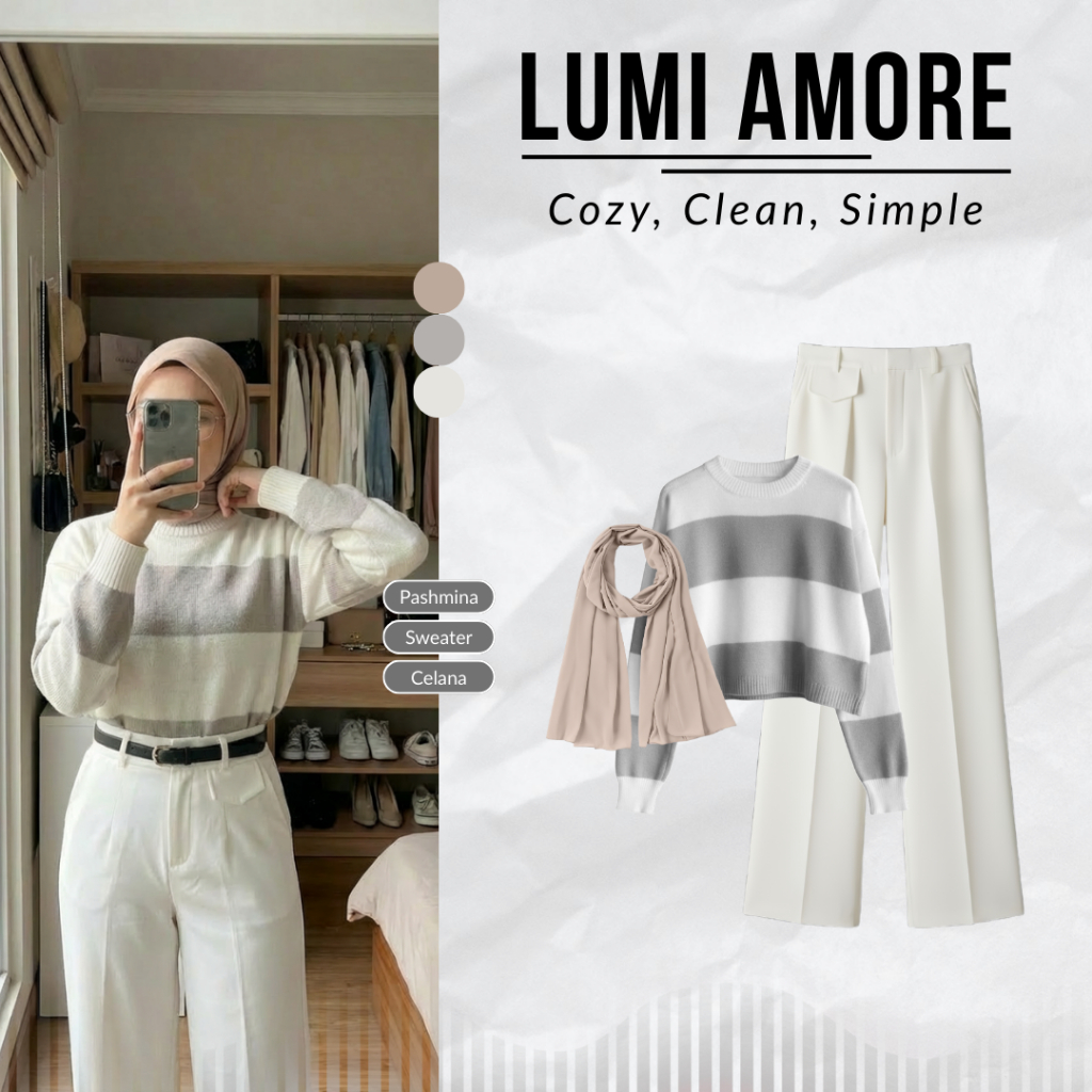 One Set Wanita Remaja | Sweater Rajut + Celana Highwaist + Pashmina | Outfit Hijab, OOTD Wanita