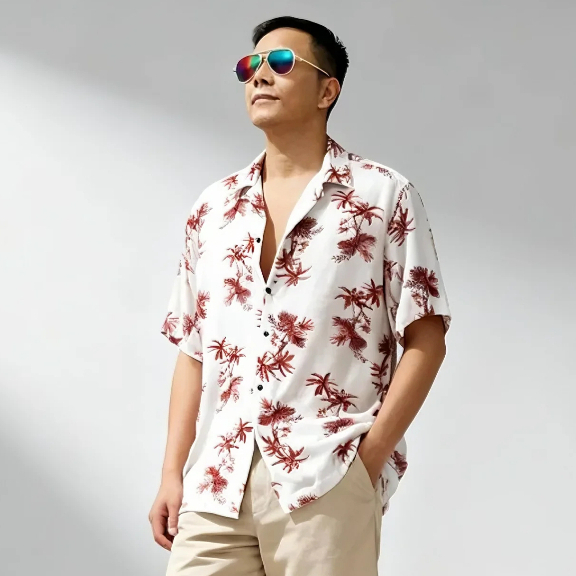 Kemeja Pantai Pria Rayon Motif Tropis – Palem, Bunga & Daun | Relaxed Fit