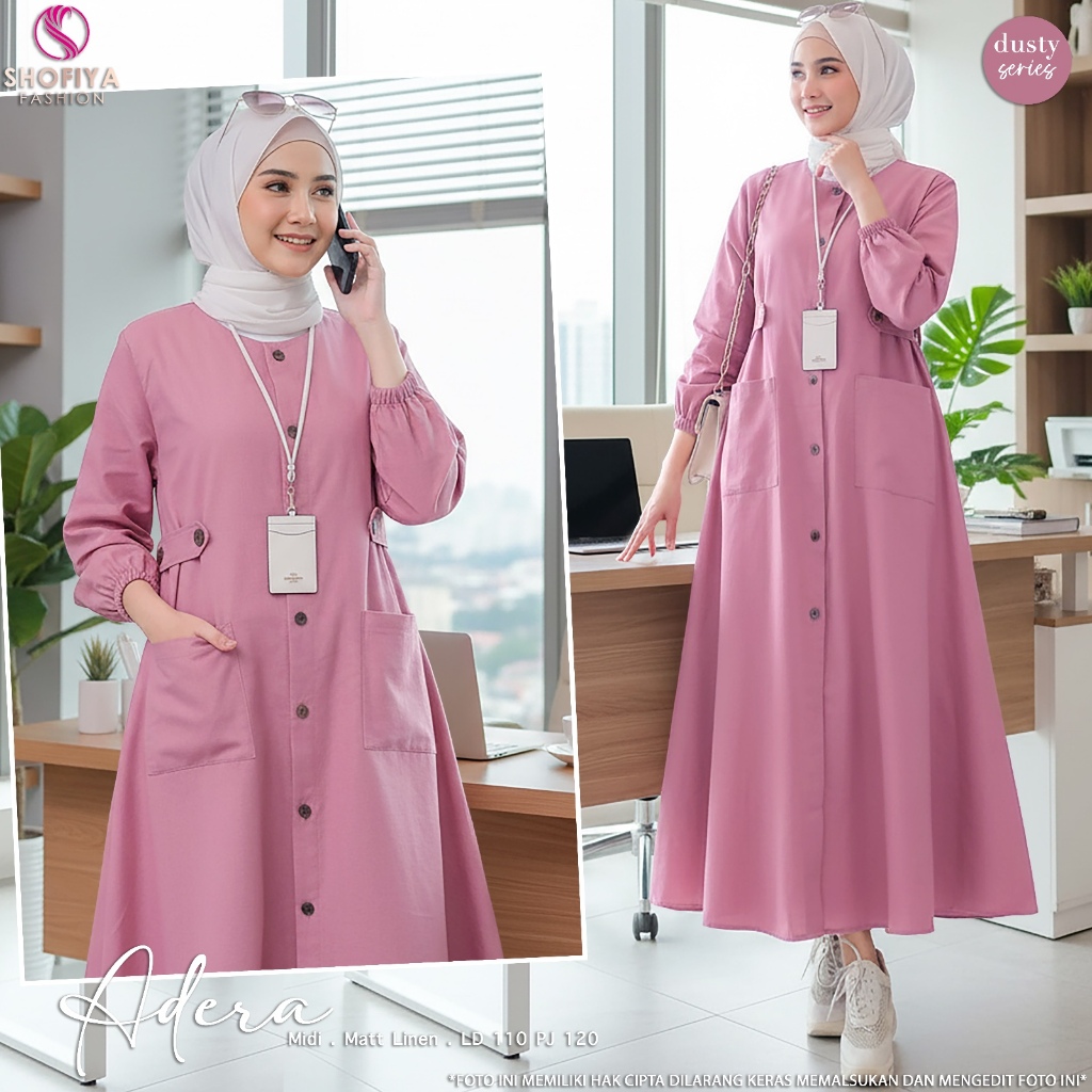SHOFIYA OFFICIAL STORE ADERA / RINDA MIDI DRESS WANITA KEKINIAN MUSLIM TERBARU LINEN POLOS SIMPLE