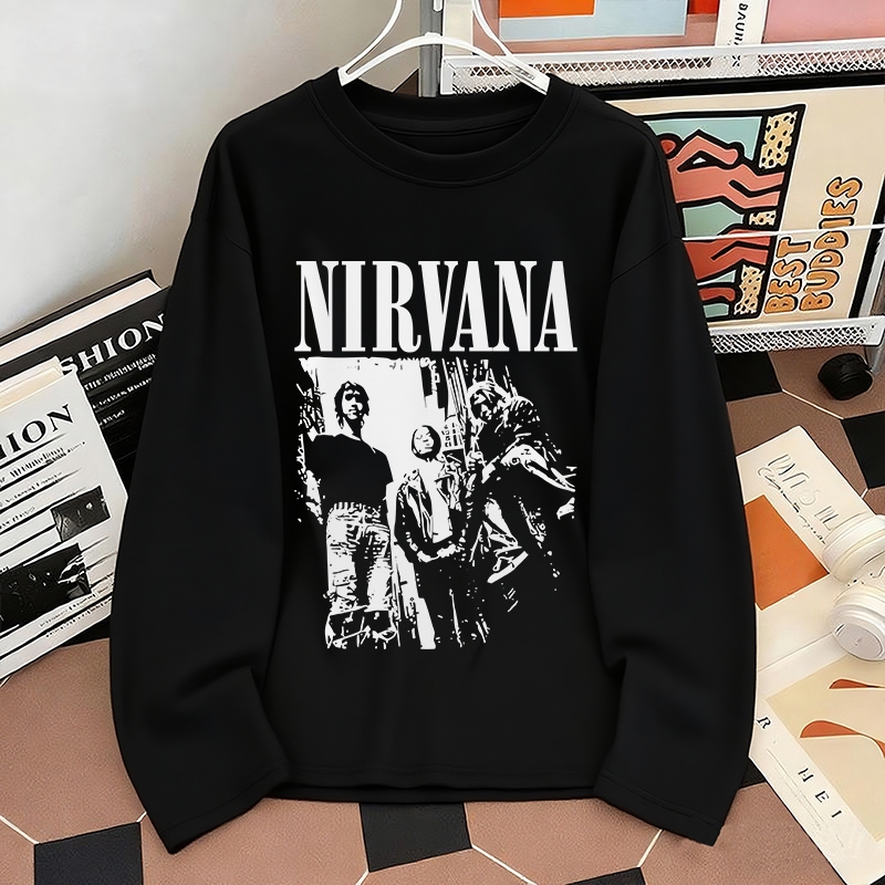 T shirt lengan panjang pria | Kaos Sablon nirvana hitam | Kaos oversize premium | Crewneck pria vint