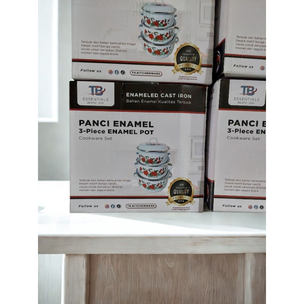 Panci Enamel Susun Isi 3 Pcs Panci Set TutupKaca Enamel Motif Bunga (Set)