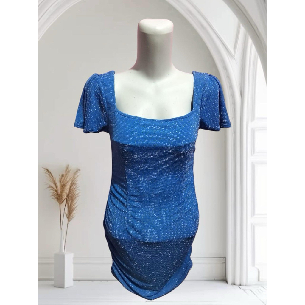 Mini Dress Biru Blink Lengan Sabrina Baju Penyanyi LC Panggung