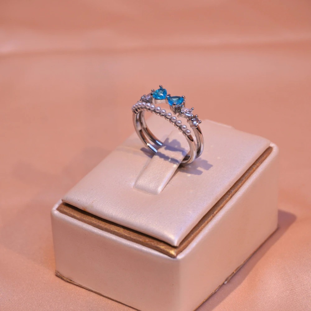[ Fives Jewelry ] Cincin Silver Berbentuk Pita Permata Berwarna Biru Wanita Elegan
