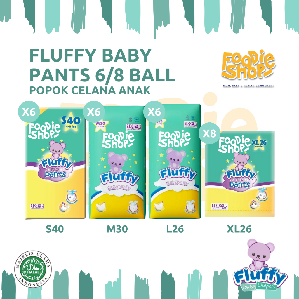 (6 Ball/8 Ball) Fluffy Baby Pants S40 | M30 | L26 | XL26 Popok Bayi Tipe Celana - Breathable, Daya S