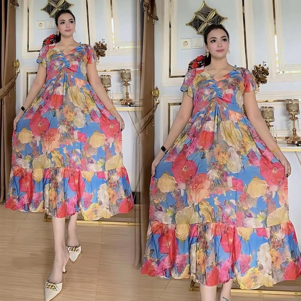 Midi Dres wanita Naura lengan pendek tali samping nyaman dipakai